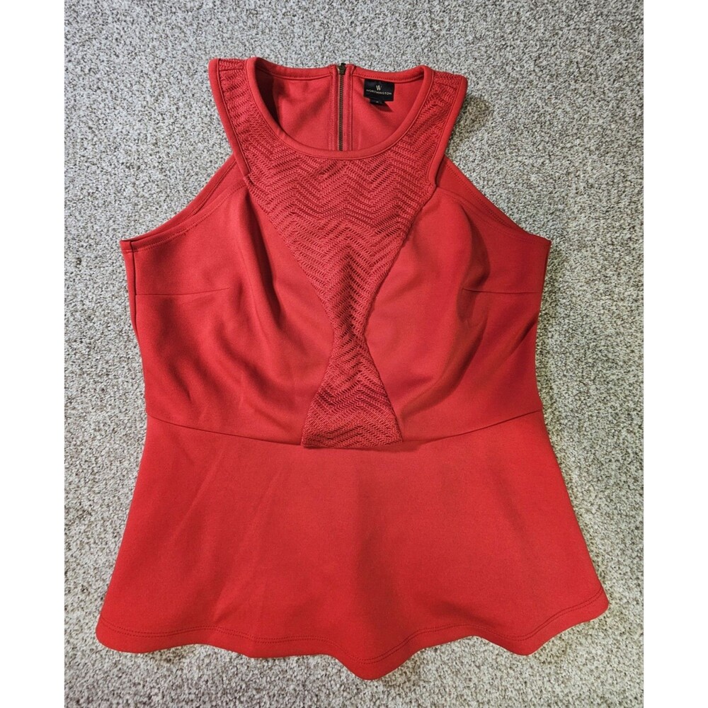 WORTHINGTON Sz L‎ Red Top Exposed Zipper V Back Shirt Cap Sleeves
